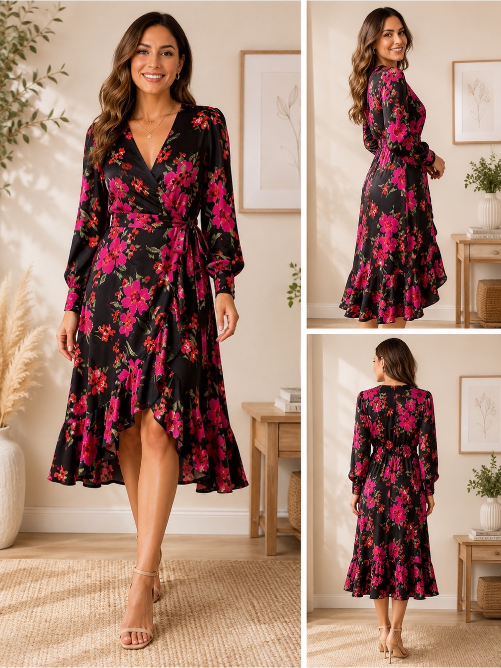 Sofia Floral Wrap Midi Dress Black Pink Long Sleeve NWT Women’s Size 8